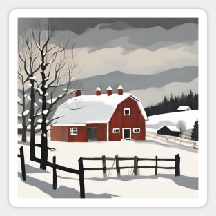 Minimalist Scandinavian Art Rustic Winter Farm Country Red Barn Magnet